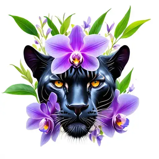 black panther with purple orchids intertwined tattoo design idea
