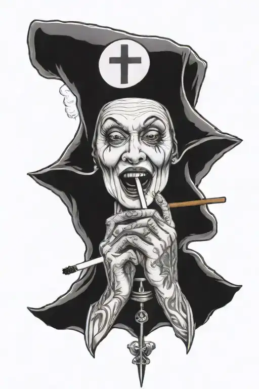 A nun smokes a cigarette in her teeth tattoo design idea