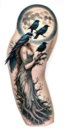 the morrigan Irish goddess with crows an old oak tree growing and bright moonlight tattoo design idea