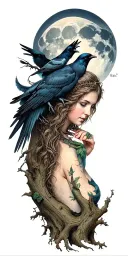 the morrigan Irish goddess with crows an old oak tree growing and bright moonlight tattoo design idea
