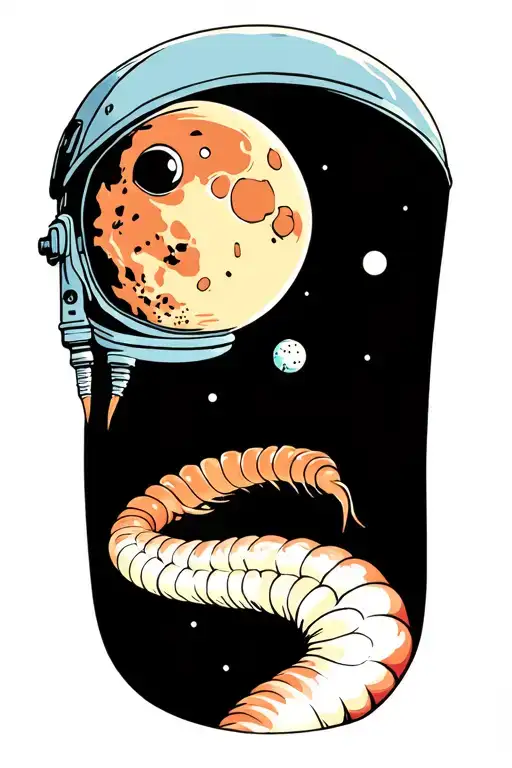 Wes Anderson style earthworm wearing a space helmet floating in front of the moon tattoo design idea