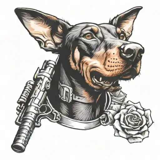 doberman with a rose in its mouth  holding an AR15 rifle tattoo design idea