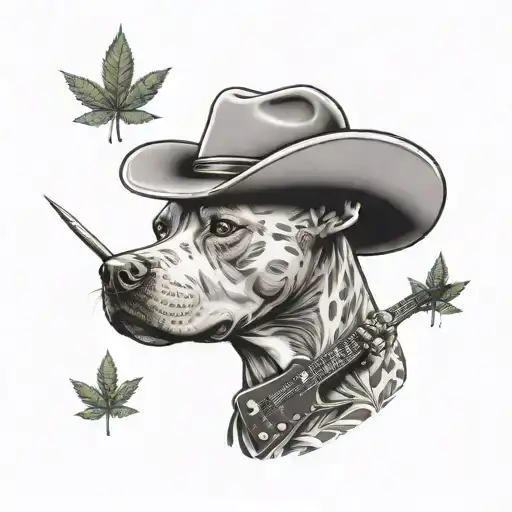 Pitbull dog wearing a cowboy hat and playing a marijuana leaf shaped guitar tattoo design idea