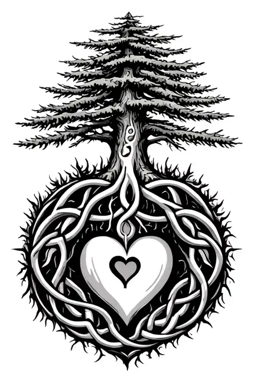 fir tree with Celtic know roots, a missing puzzle piece of roots, a tap root piercing a small heart, mountain lake tattoo design idea