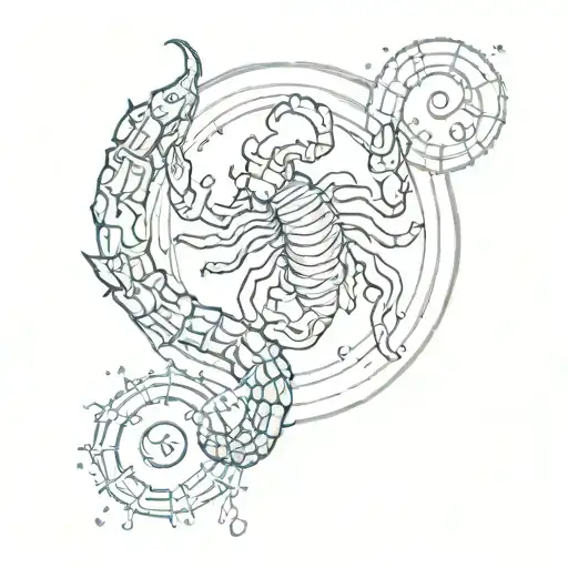 represents Scorpio zodiac and a Cancer moon sign, incorporating a scorpion, scorpio glyph, water element, Pluto glyph tattoo design idea