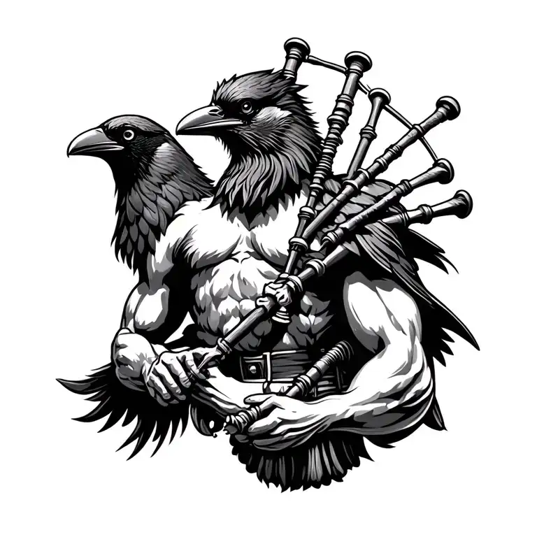 designs on wood carving crow muscular  bagpiper playing the bagpipes baldblack beard tattoo design idea