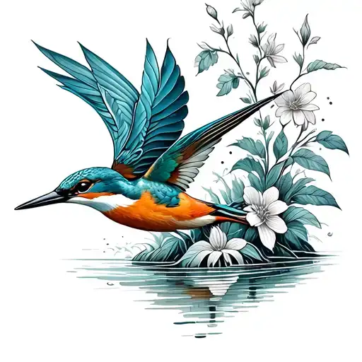 A dotwork tattoo of a kingfisher diving into a river, surrounded by blooming flowers tattoo design idea