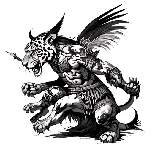 aztec jaguar warrior battling demons fighting scene tattoo design idea