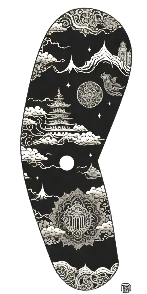 Blend Buddhist mandala, fine-line wood grain, anime elements, and subtle gaming symbols into a cohesive, flowing design tattoo design idea