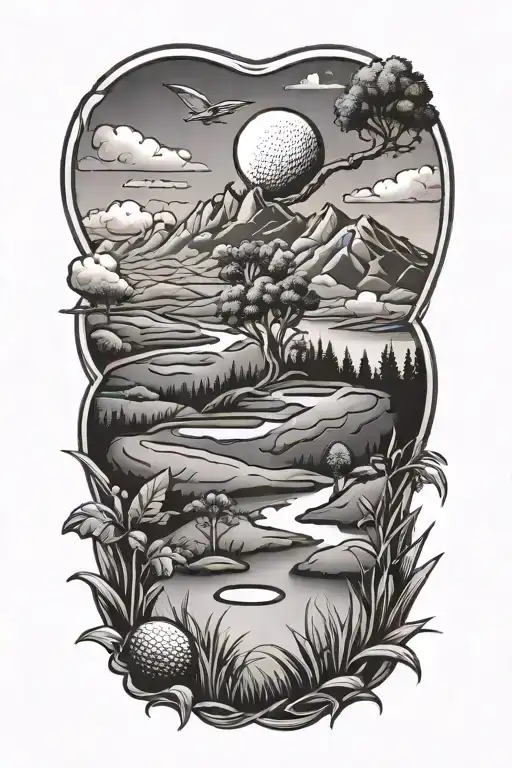 golf landscape tattoo featuring iconic symbols tattoo design idea
