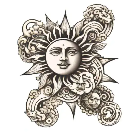 tattoo of a sun and moon, black and white ink only, cloud details included, faces on both sun and moon, bold dark lines tattoo design idea