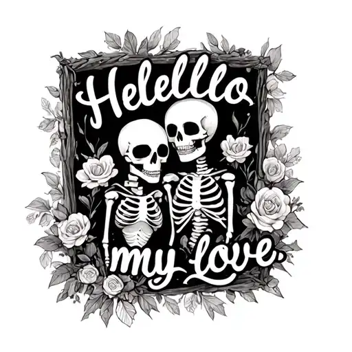 "Hello my love”" skeleton couple in love. cottage. web frame. American trad style pencil on paper  tattoo design idea
