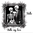 "Hello my love”" skeleton couple in love. cottage. web frame. American trad style pencil on paper  tattoo design idea