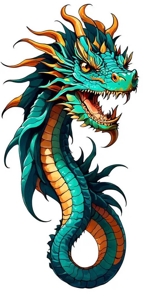 Flat illustration of a regal sea dragon designed as a full sleeve tattoo. Long serpentine body, noble sideways head, spi tattoo design idea