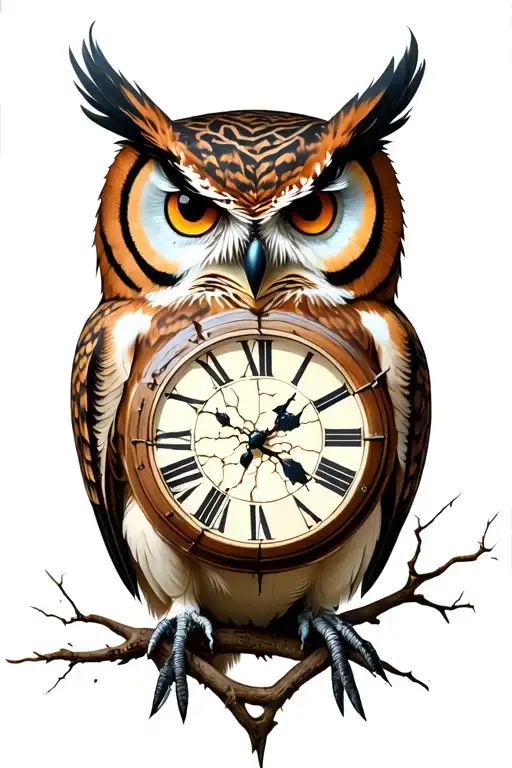 owl, forest, broken clock tattoo design idea