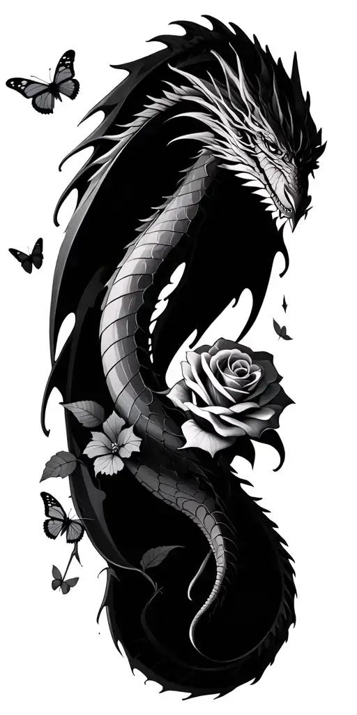gothic  tattoo design with a thin and long dragon, small butterflies and rose tattoo design idea