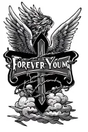 "Forever Young" Angel wings with a Chicano cross wrapped in barbed wire surrounded by clouds tattoo design idea