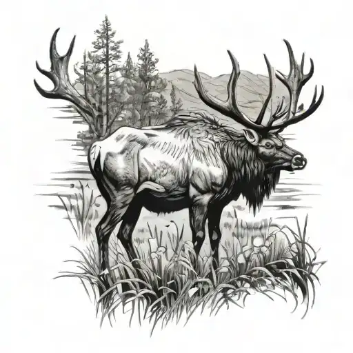 Bull elk grazing in a field tattoo design idea