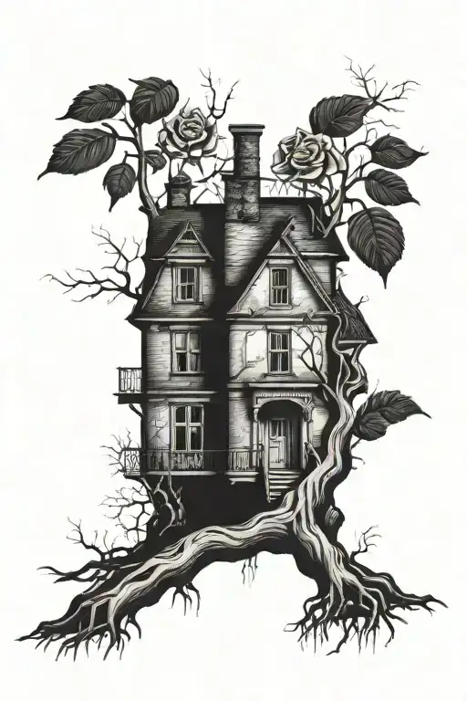 Abandoned Stalin-era house, roses, tree roots tattoo design idea