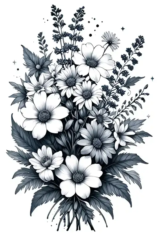 black and grey bouquet of asters, delphinium, water lilies and morning glory flowers, Leo and Virgo constellations tattoo design idea