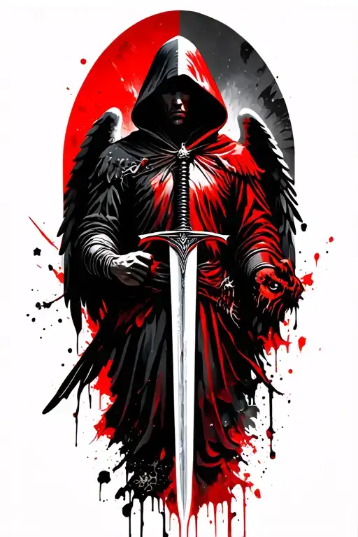 hooded arch angel with sword in right hand killing demons tattoo design idea