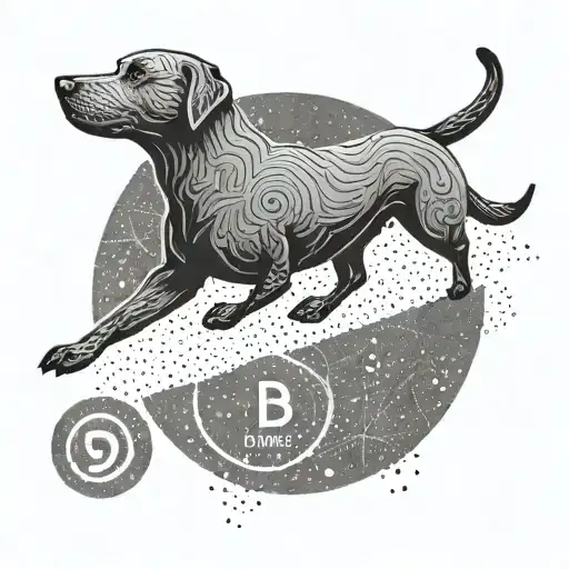 A minimalist outline of a dog running alongside a physical therapy symbol, using dotwork style for a unique look tattoo design idea