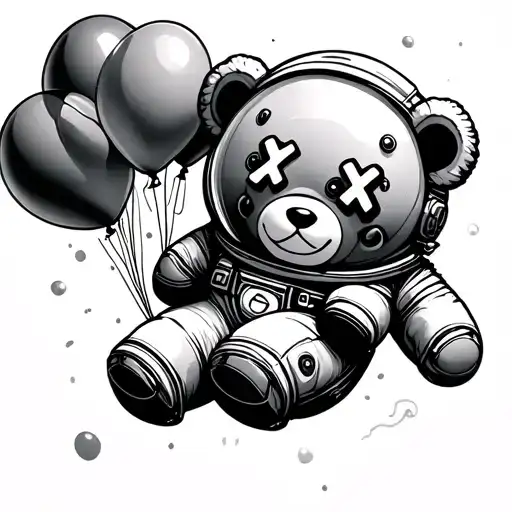 an astronout with a teddy bear face with x and o letters instead of eyes holding onto some ballons floating into space  tattoo design idea