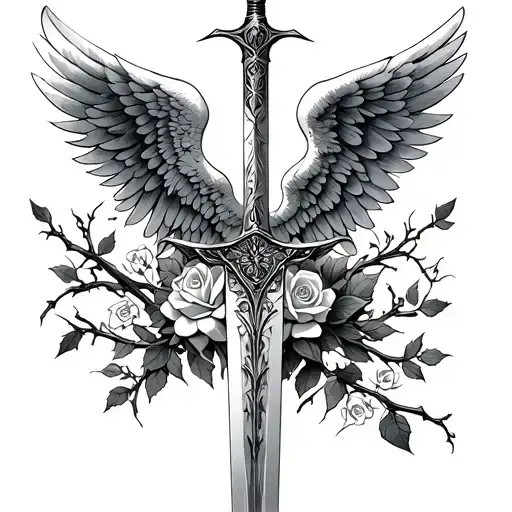 Sword With Angel Wings thorns and roses blooming tattoo design idea
