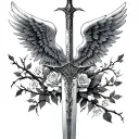 Sword With Angel Wings thorns and roses blooming tattoo design idea
