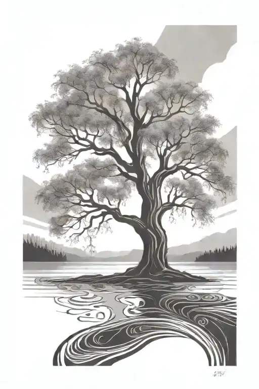 Willow tree and footprint tattoo design idea
