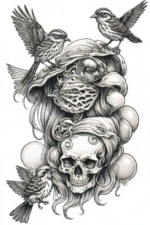 cute song sparrow sitting on cute feminine long haired girl skull blowing bubble gum tattoo design idea