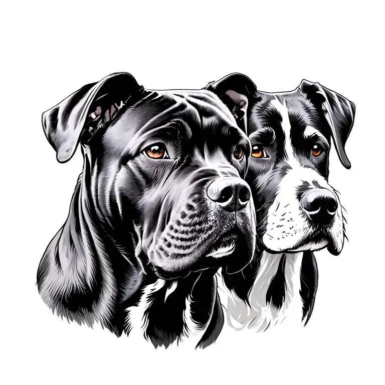 black cane Corso with cropped ears looking to the left and an Irish wolfhound behind the cane Corso looking to the right tattoo design idea