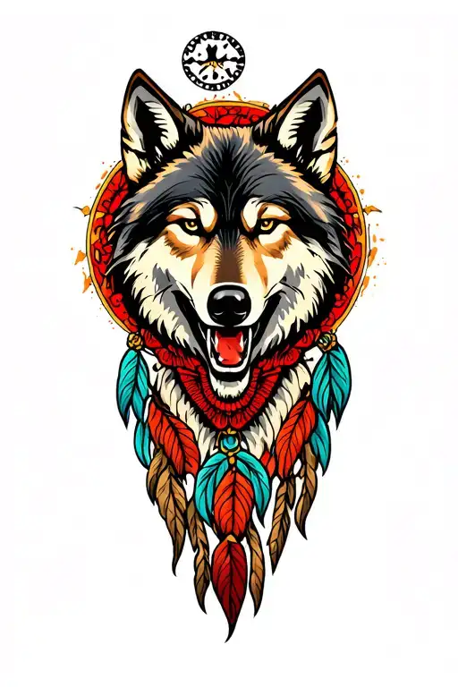 Dreamcatch with a small wolf head emerging from right tattoo design idea