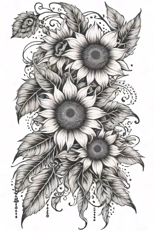 floral sunflower vine and feathers tattoo design idea