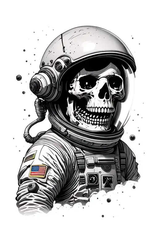 Astronaut cut all with his helmet broken and the envoy of a face is a skull, which is floating in space tattoo design idea
