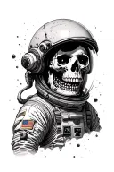 Astronaut cut all with his helmet broken and the envoy of a face is a skull, which is floating in space tattoo design idea