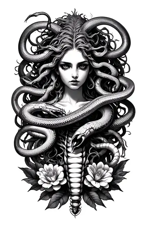 medusa with snakes wrapping around a scorpio with flowers tattoo design idea