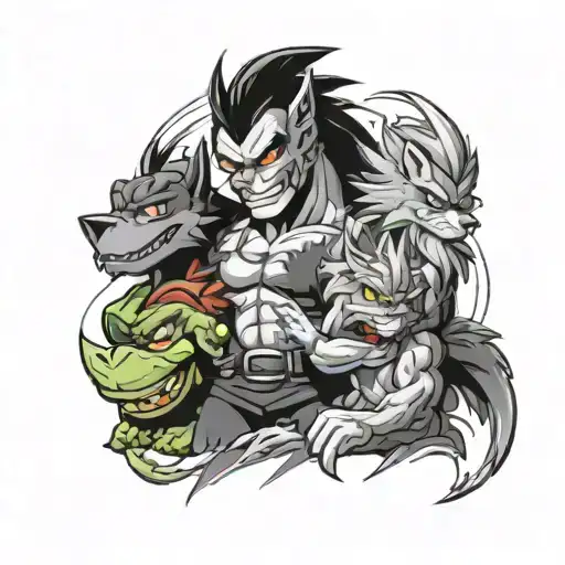 bad bowser, sangoku and vegeta doing fuck, the grinch with a gift, anubis face,  tattoo design idea