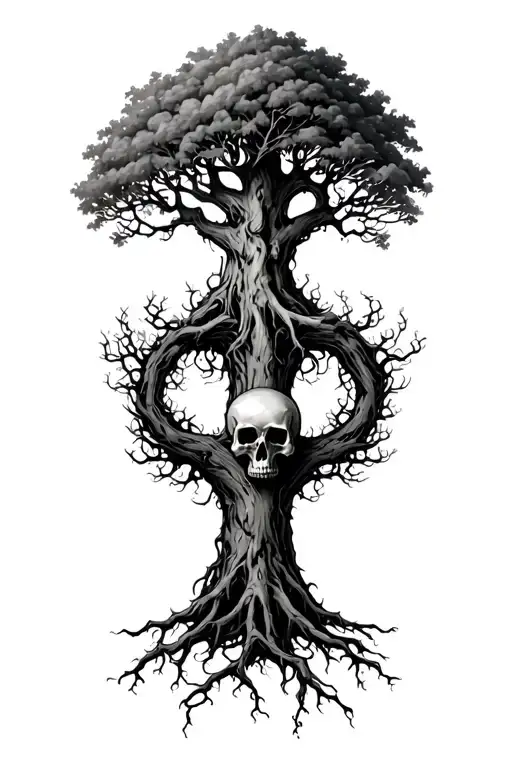 tree with skull roots shaped like tattoo design idea
