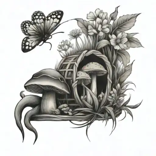 basket, lupine, dandelion, mushrooms, snail tattoo design idea