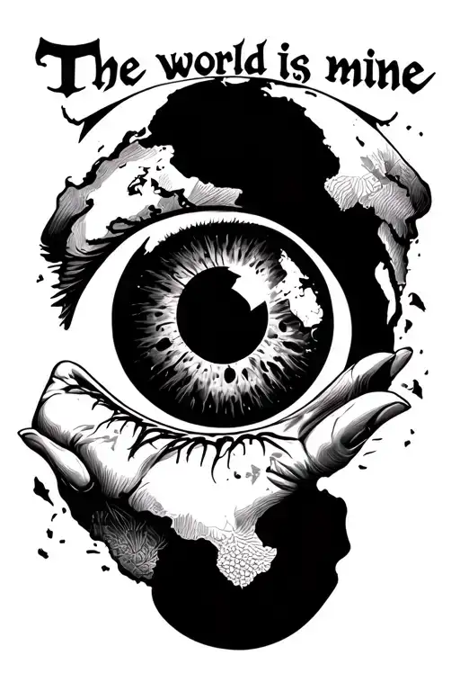 earth with an eye and "the world is mine" written around it tattoo design idea