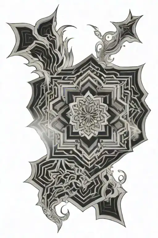 fire mandala with hexagon geometric design around it tattoo design idea