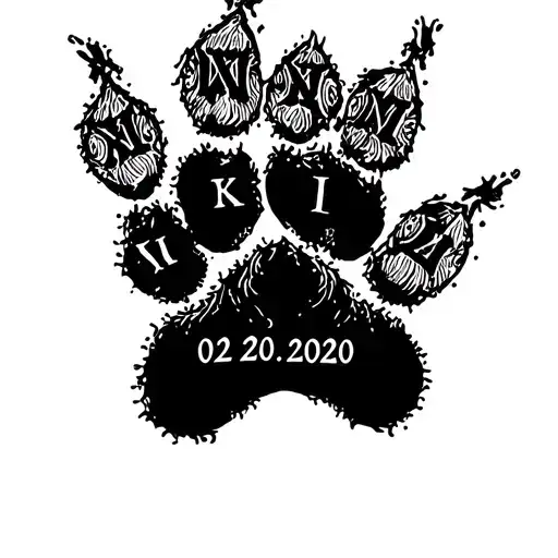 paw print surrounded by Roman numerals 02.20.2020 tattoo design idea