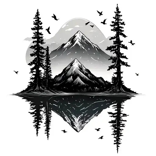 mountains with trees and birds flying tattoo design idea
