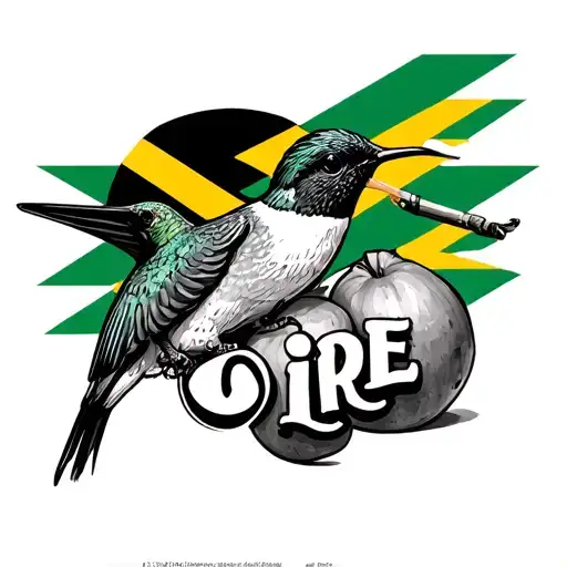 the word irie  and doctor humming bird drinking from fruit ackee and Jamaican flag in the back  tattoo design idea