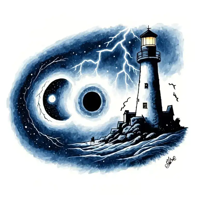 lightning, black hole, planet, lighthouse tattoo design idea