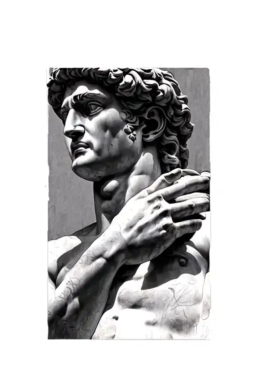 A black and gray tattoo-style illustration of Michelangelo's David statue, focusing on the upper torso and head, detaile tattoo design idea