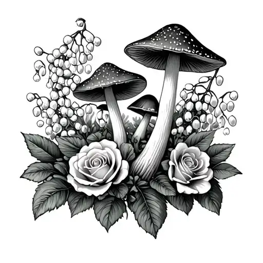 mushrooms with lily of the valley, hawthorn, roses and honeysuckle  tattoo design idea