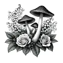 mushrooms with lily of the valley, hawthorn, roses and honeysuckle  tattoo design idea