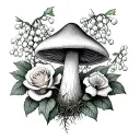 mushrooms with lily of the valley, hawthorn, roses and honeysuckle  tattoo design idea